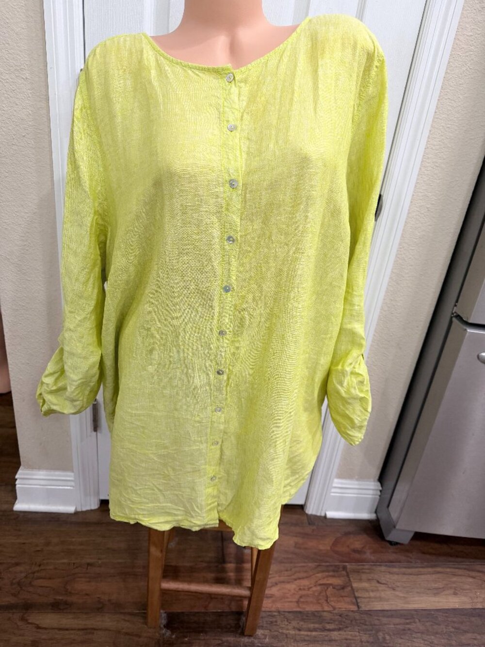 Tahari 100% Linen Lemon-Lime Limon Button Front Tunic Blouse 2X Roll Tab Sleeves